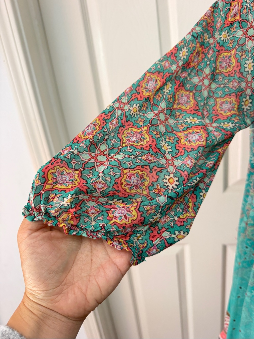 Boho Teal Print Tassel Peasant Dress - Picture 4 of 11